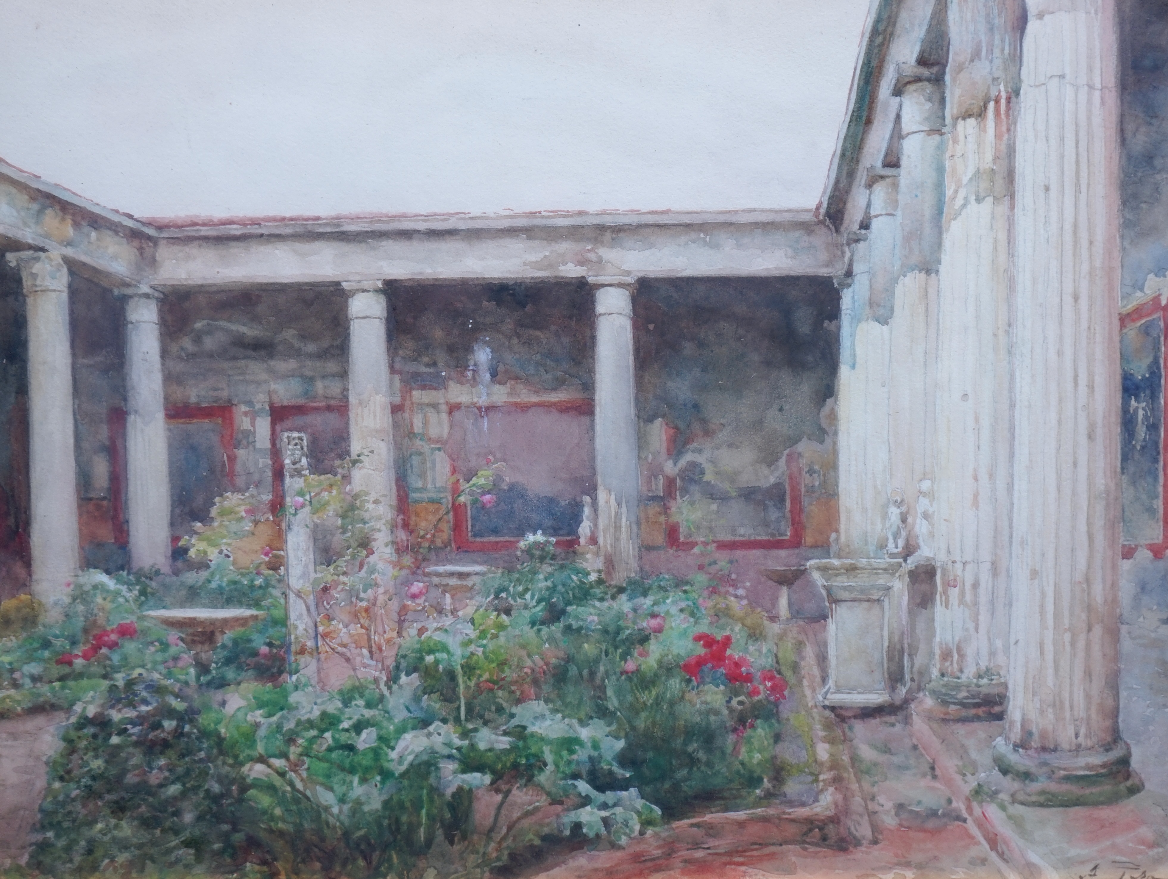 Alberto Pisa (Italian, 1864-1930), watercolour, Courtyard of the House of Vetti, Pompeii, signed, 1911 Fine Art Society label verso, 26 x 35cm. Condition - fair